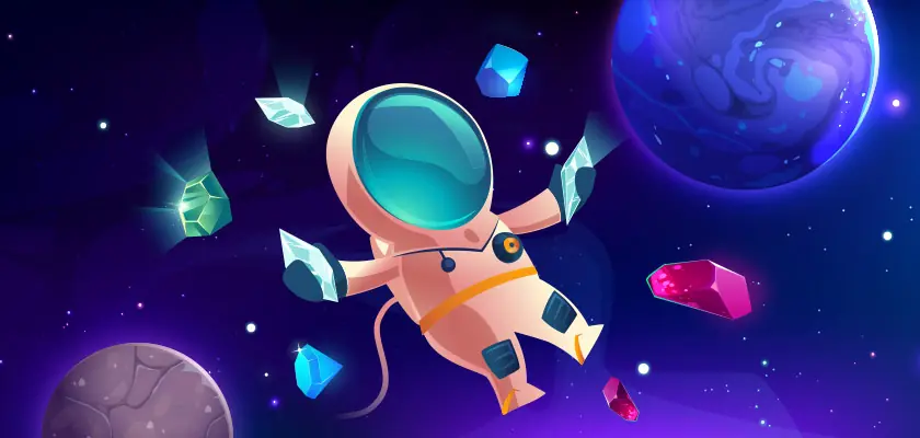Astronaut among crystals and planets