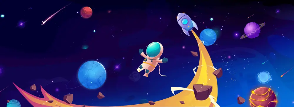 Astronaut and rocket over a golden moon