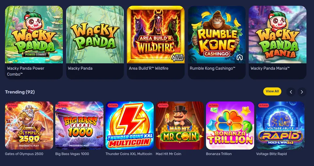 Galactic Wins casino lobby with game rows