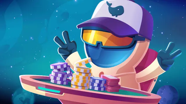 Astronaut croupier with stacks of chips